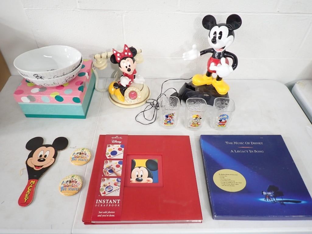 Walt Disney / Mickey Mouse Lot including Minnie Mouse Phone, Glasses, Bowls, Music, Scrapbook, Butto (1 of 19)
