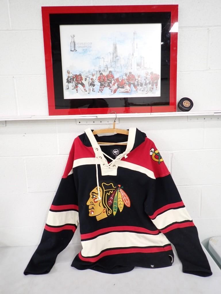 Chicago Blackhawks Lot including Framed Stanley Cup Picture, Puck, Jersey / Hoodie size 47: Chicago Blackhawks Lot including Framed Stanley Cup Picture, Puck, Jersey / Hoodie size 47