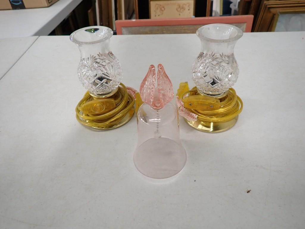Pink Glass Bell and pair of small lamps with crystal tops - one has a chip on the rim: Pink Glass Bell and pair of small lamps with crystal tops - one has a chip on the rim