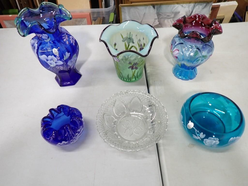 Lot of 6 Glass pieces including Fenton hand painted vases (1 of 12)