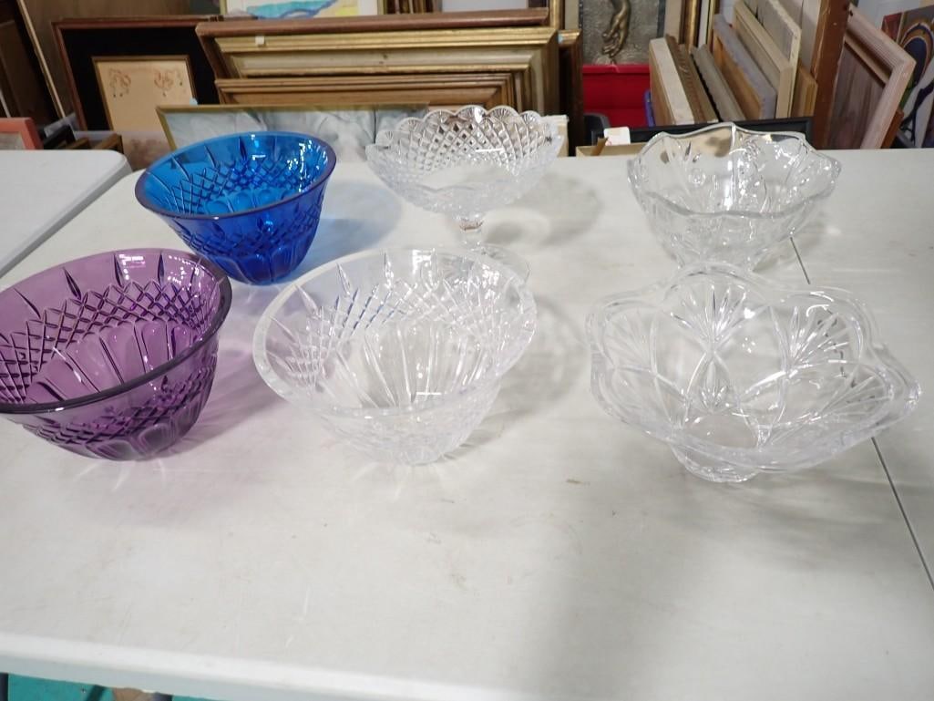 Crystal / Glass Bowl Lot - 4 clear, one purple and one blue: Crystal / Glass Bowl Lot - 4 clear, one purple and one blue