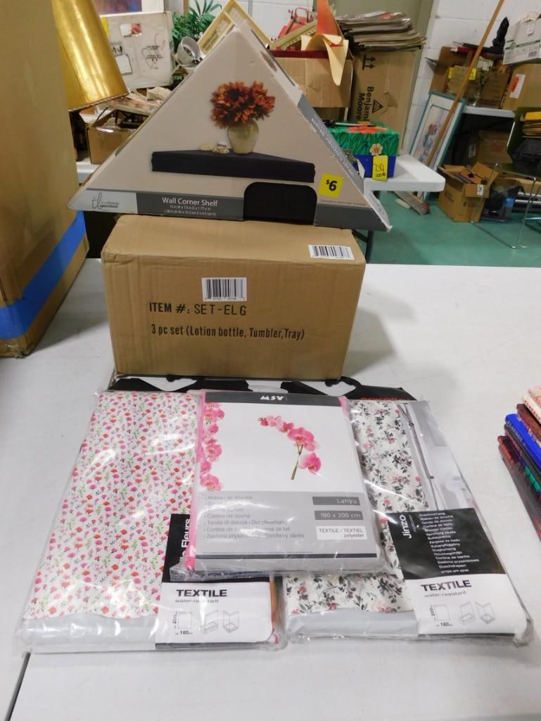 Misc. Lot including Corner Wall Shelf, Shower Curtain, 3 Piece Lotion bottle Tumber Tray Set (1 of 9)