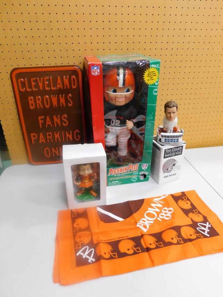 Cleveland Browns Lot including Embossed Metal Sign, Pigskin Pete Toy, Tim Couch, The Brownie Bobbleh: Cleveland Browns Lot including Embossed Metal Sign, Pigskin Pete Toy, Tim Couch, The Brownie Bobble heads, McDonald's Bandana