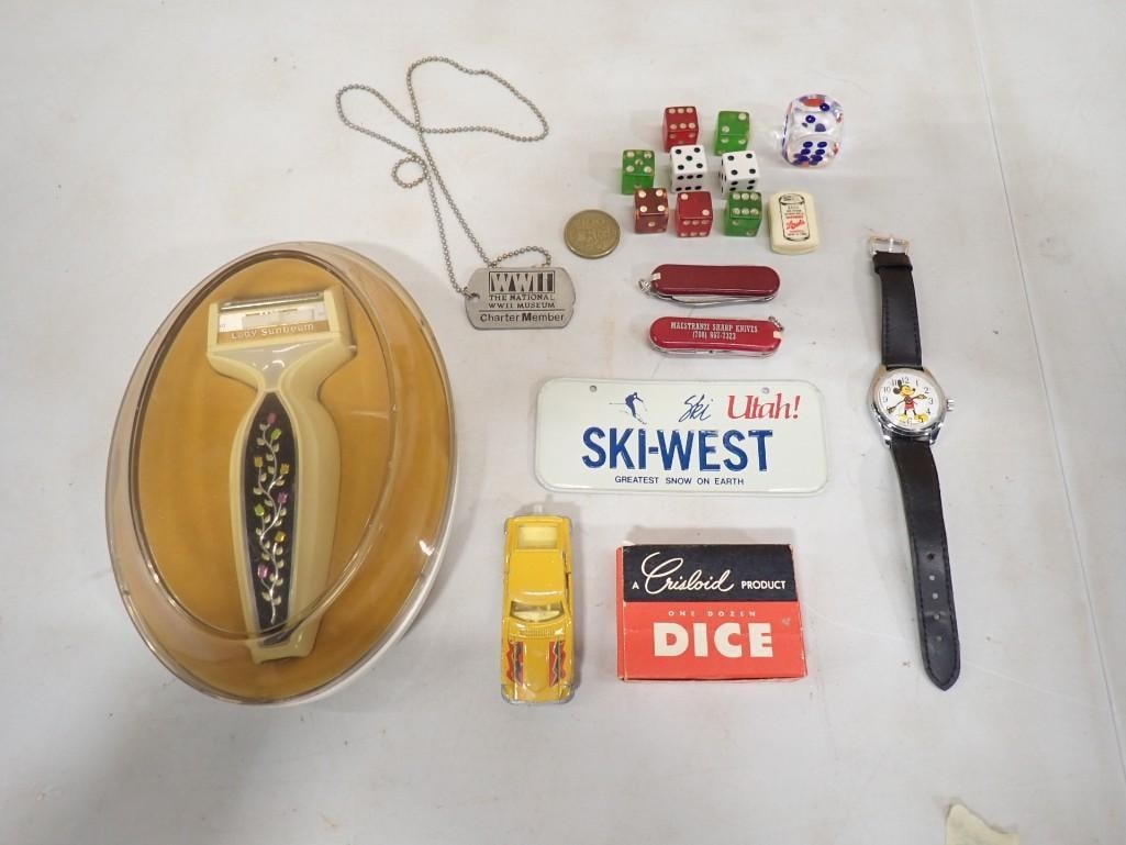 Vintage Lot incl Mickey Mouse Watch, Lady Sunbeam Advertising Display, Pocket Knives, Dice, (1 of 3)
