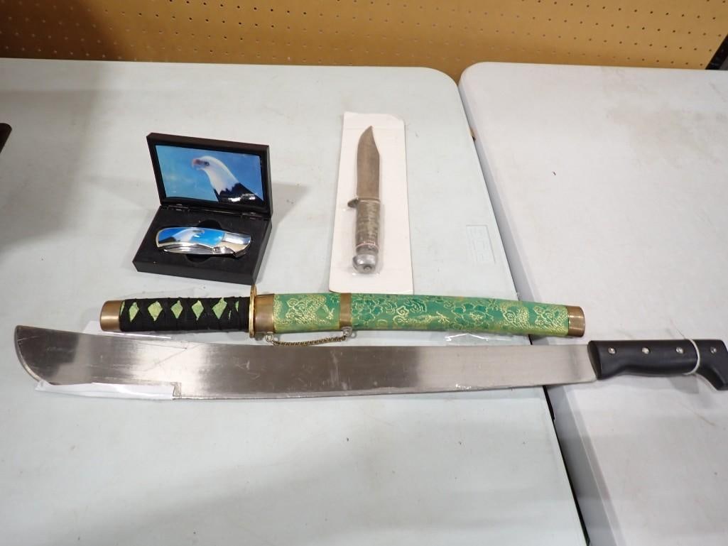 Swords and Knives incl Machete w 22" Blade, Asian Style Sword w/ 13" Blade, Bowie Knife w/ 6" Blade,: Swords and Knives incl Machete w 22" Blade, Asian Style Sword w/ 13" Blade, Bowie Knife w/ 6" Blade, Pocket Knife with Eagle Design