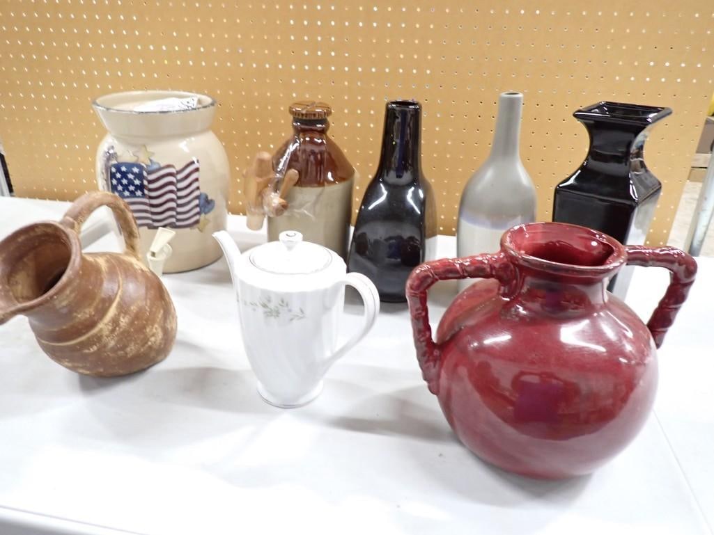 8 Large Ceramic or Pottery Items incl Vases, Pitcher, Coffee Pot, Etc (1 of 6)