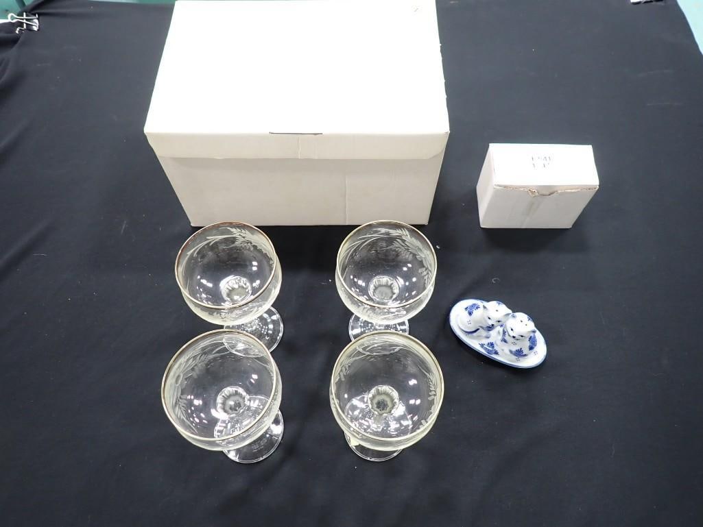 Delft Pottery Cats Salt and Pepper Shakers with Underplate, Set of 4 Etched Glass Stemware Glasses (1 of 9)