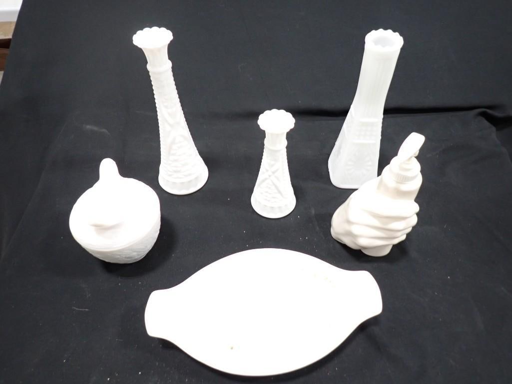 Milk Glass Etc Lot incl Bird on Nest Candy Dish, Vases, Ceramic Hand Lotion Dispenser, etc (1 of 9)