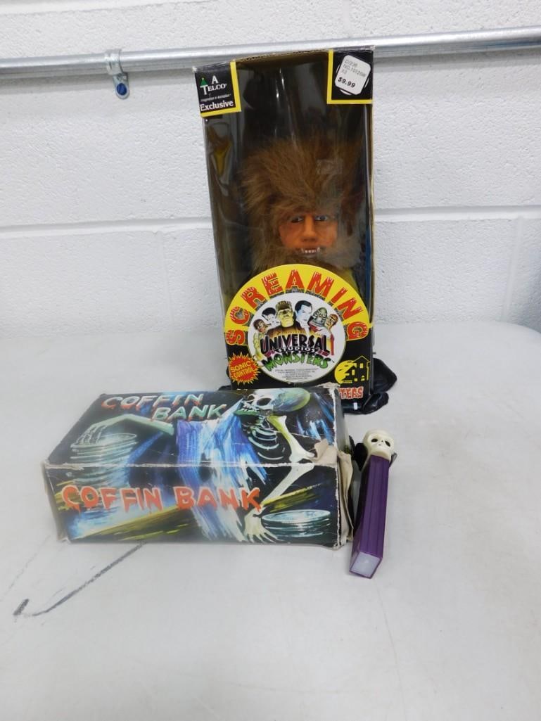 Vtg 1960s Skeleton Coffin Bank & Universal Studios Wolfman Monster w/ Boxes (1 of 4)