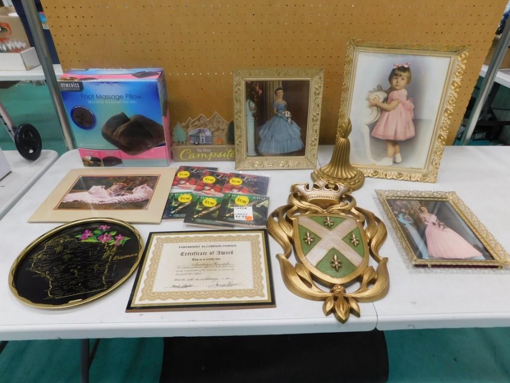 Misc Lot incl Vintage Picture Frames some with Pictures, Metal Wisconsin Souvenir Tray, Wall Hanging: Misc Lot incl Vintage Picture Frames some with Pictures, Metal Wisconsin Souvenir Tray, Wall Hangings, Foot Massage Pillow - untested, etc