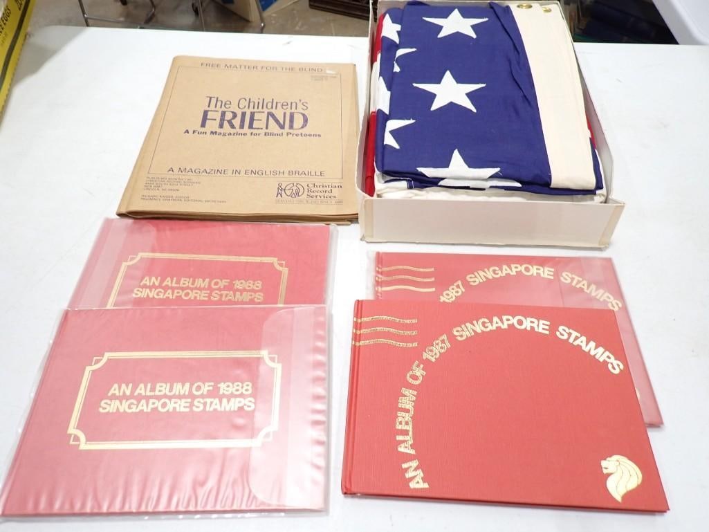 Misc. Lot including Valley Forge US Flags - 48 and 50 star, Singapore Stamp Books with stamps and (1 of 6)