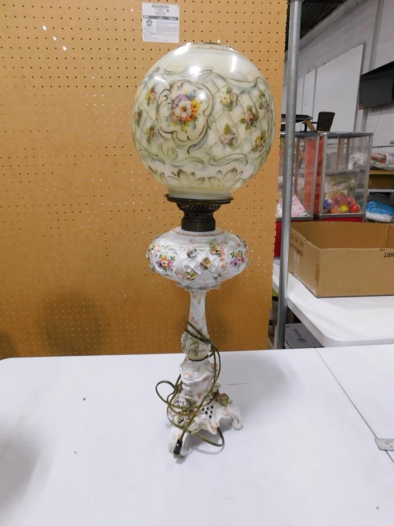 Antique Hurricane or Chamber Gone with the Wind Style Lamp with Floral Design - Electrified (1 of 8)