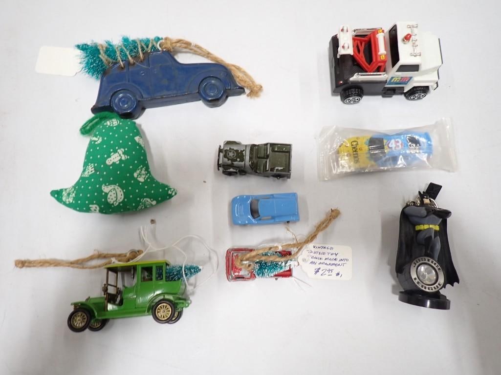 Small Toys Lot incl Vintage Tootsie Toy Truck Made into and Ornament, Die Cast Vehicles, Batman Figu: Small Toys Lot incl Vintage Tootsie Toy Truck Made into and Ornament, Die Cast Vehicles, Batman Figure, etc