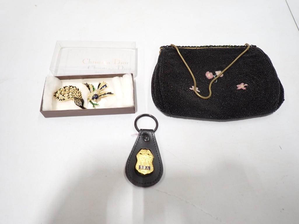 Beaded Purse, Peacock and Bird Broaches, Keychain: Beaded Purse, Peacock and Bird Broaches, Key chain