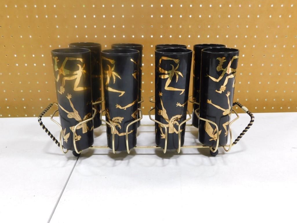 Vintage MCM Federal Glass Josephing Baker African Dancer Tumblers or Drinking Glasses with Carrier (1 of 4)