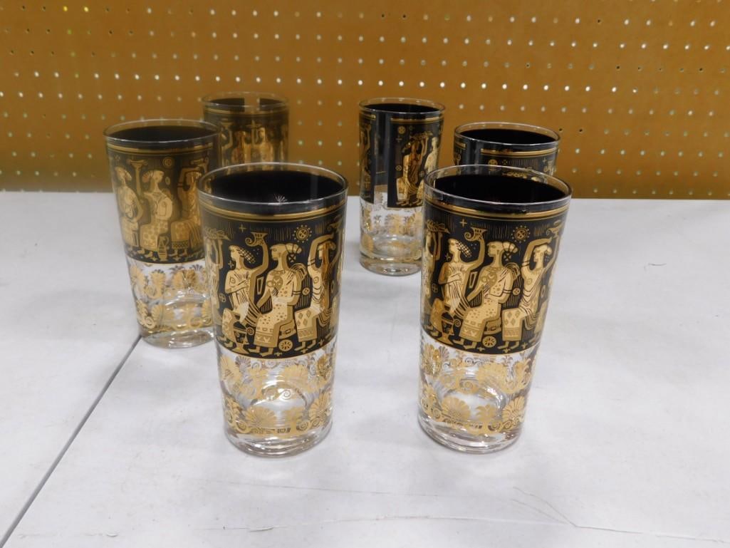 Set of 6 MCM Georges Briard Highball Glasses Egyptian Pattern Gold and Black (1 of 4)