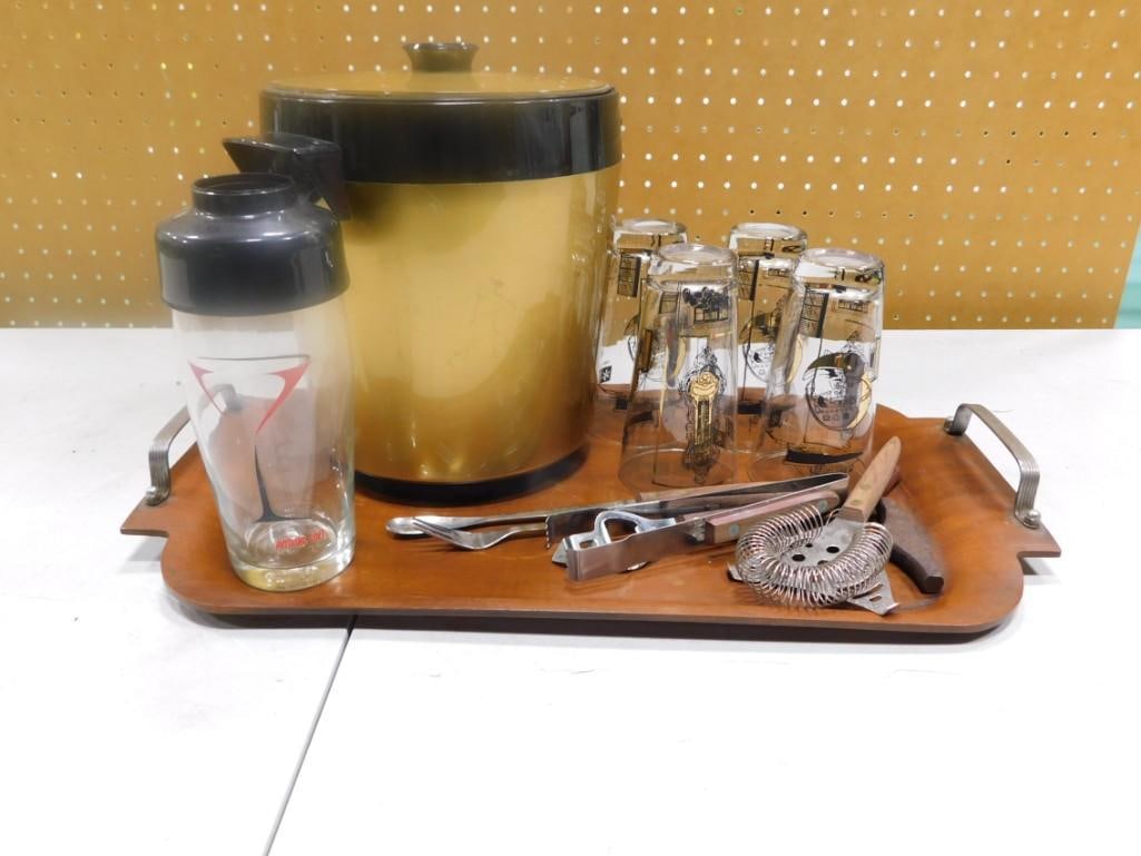 Set of 4 MCM Osbourne Kemper Thomas Titanic Highball Glasses, Ice Bucket, Bar Tools, Cutting Board: Set of 4 Vintage MCM Mid Century Modern Osbourne Kemper Thomas Titanic Highball Glasses, Ice Bucket, Bar Tools, Cutting Board