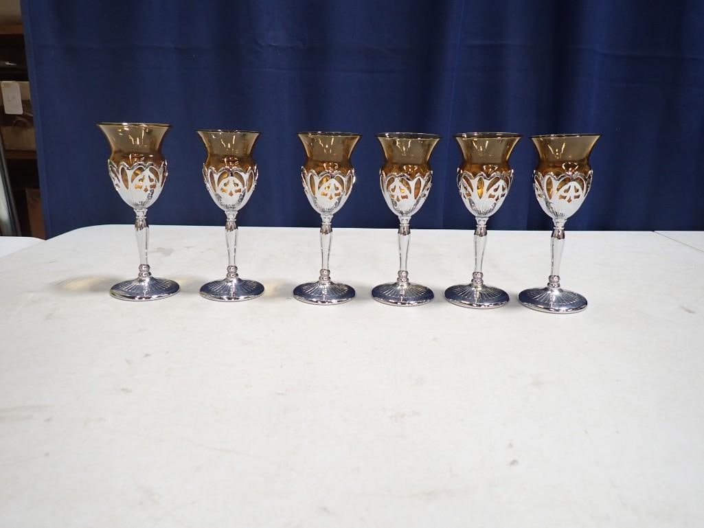 Set of 6 Farber Bros Chrome and Amber Glass Stemware Glasses (1 of 5)