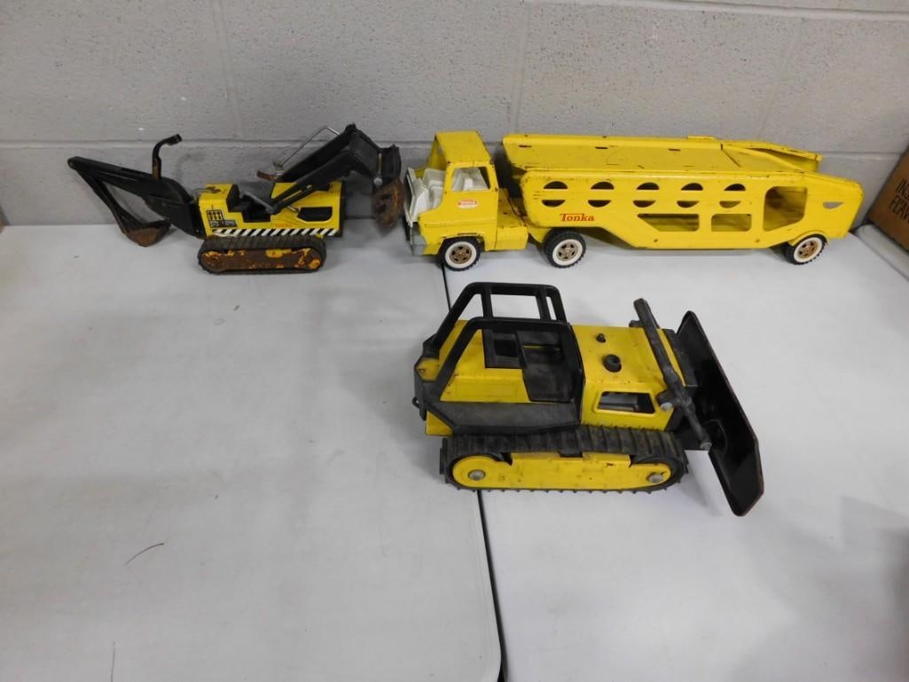 3 Pressed Steel Toys - Bull Dozer, Truck with Trailer, Trencher / Backhoe including Tonka: 3 Pressed Steel Toys - Bull Dozer, Truck with Car Hauler Trailer, Trencher / Backhoe including Tonka