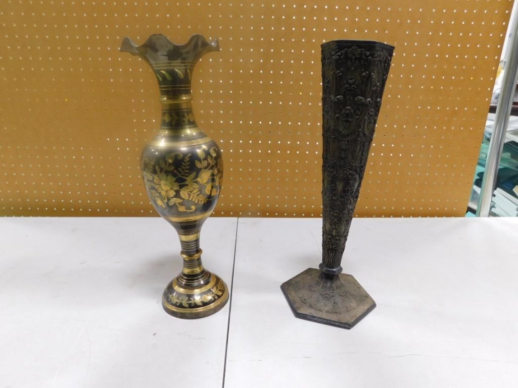 Ornate Brass Vase and Metal Vase - Possibly Silver Plate (1 of 5)
