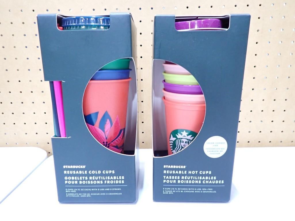 2 Sets of Starbucks Reusable Cold Cups with Color Change Lids New in Box: 2 Sets of Starbucks Reusable Cold Cups with Color Change Lids New in Box. 5 cups in each box for a total of 10 cups.