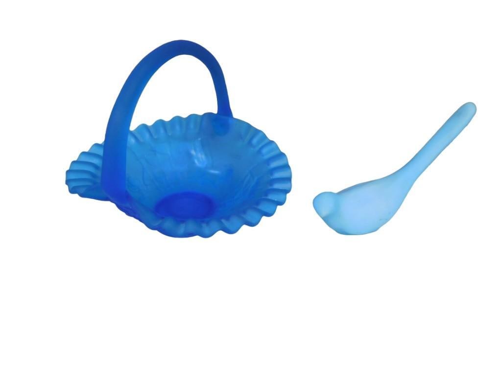 Vintage Fenton Satin Blue Glass Long Tail Bird and Vintage Westmoreland Frosted Satin Blue Glass Bas (1 of 8)