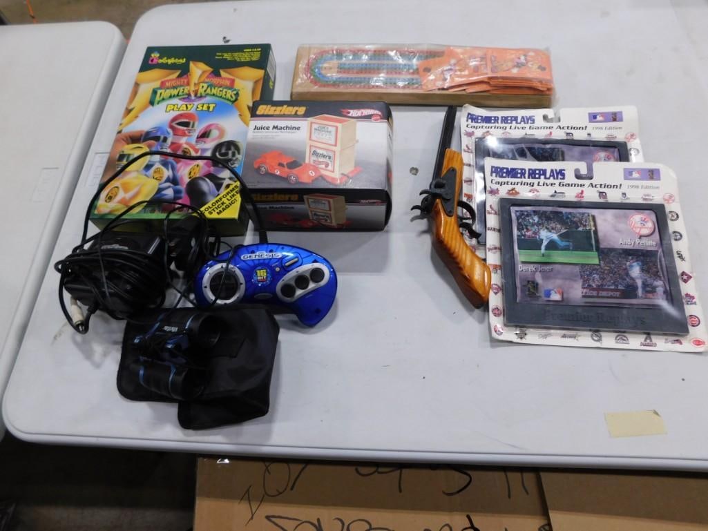 Toy Lot including Colorforms Power Rangers Set, Hot Wheels Sizzlers Juice Machine, Sega Genesis: Toy Lot including Colorforms Power Rangers Set, Hot Wheels Sizzlers Juice Machine, Sega Genesis Portable System, Cap gun, Lenticular Baseball Frames, etc.