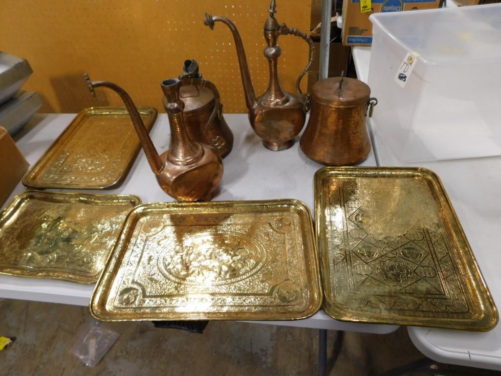 Copper and Brass Lot incl 2 Vintage Copper Ewers, 2 Copper Cauldrons, 4 Brass Trays (1 of 8)