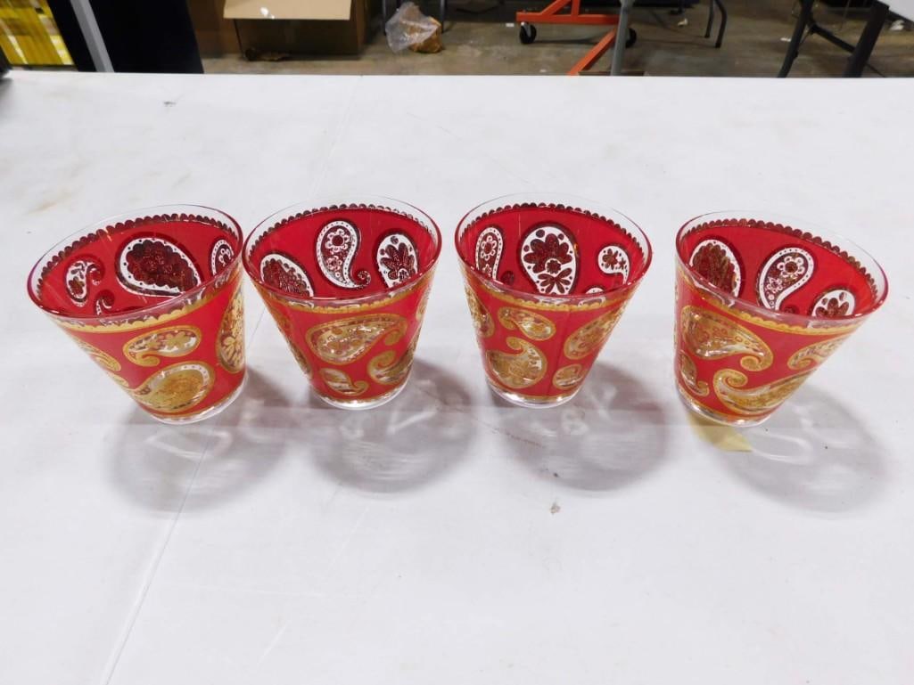 4 Vintage MCM Culver Red Paisley w 22K Gold Overlay Bar Glasses Old Fashioned Cocktail Glasses (1 of 4)