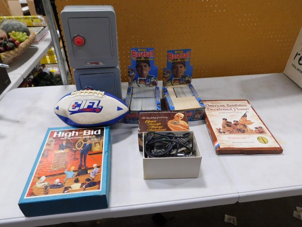 Misc. Lot including Coin Bank Safes, Baseball Cards, Signed CIFL Football, High-Bid Auction Game (1 of 7)