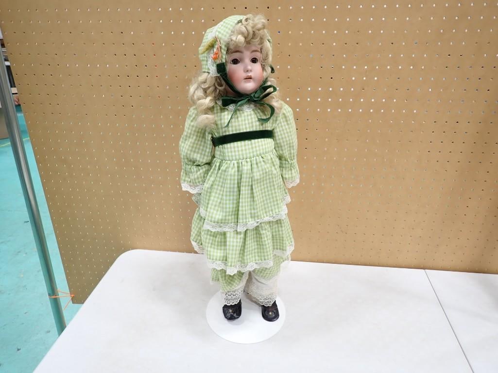 Early 1900's Doll - German Composition Body Porcelain Doll with Green Checkered Dress 24" Tall (1 of 9)