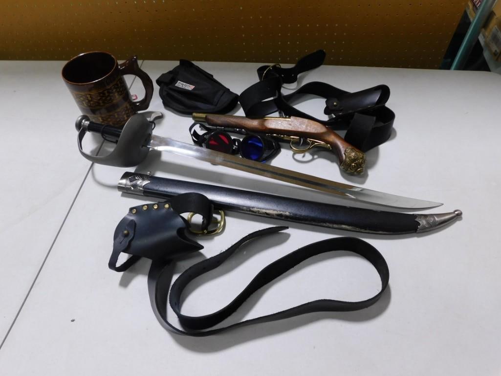 Lot of Prop Pirate Costume Gun, Sword, Holster, Etc: Lot of Prop Pirate Costume Gun, Sword, Holster, Etc