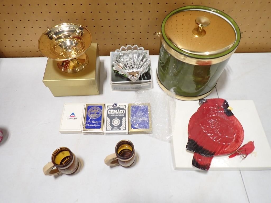 Collectibles incl Vintage Ice Bucket, Playing Cards, Cardinal, Metal Footed Dish,: Collectibles incl Vintage Ice Bucket, Playing Cards, Cardinal, Metal Footed Dish, 2 Mug Shot Glasses, etc