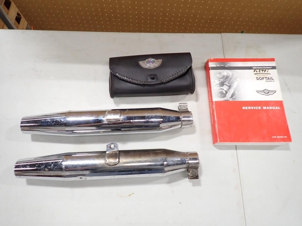 Harley Davidson Lot including Chrome Exhaust Muffler Pipes, Bag, Service Manual (1 of 5)