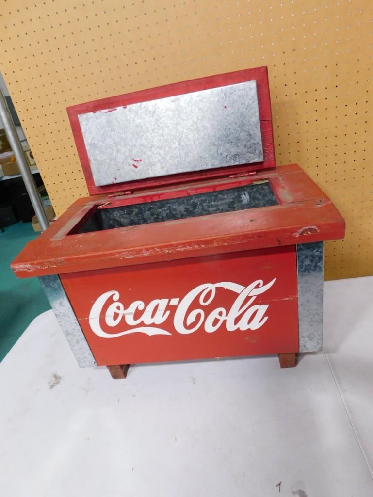 Coca Cola Cooler Wood and Metal: Coca Cola Cooler Wood and Metal . Wood is a little warped, so it doesn't fully close. Approximately 17" tall x 24" wide x 15" deep