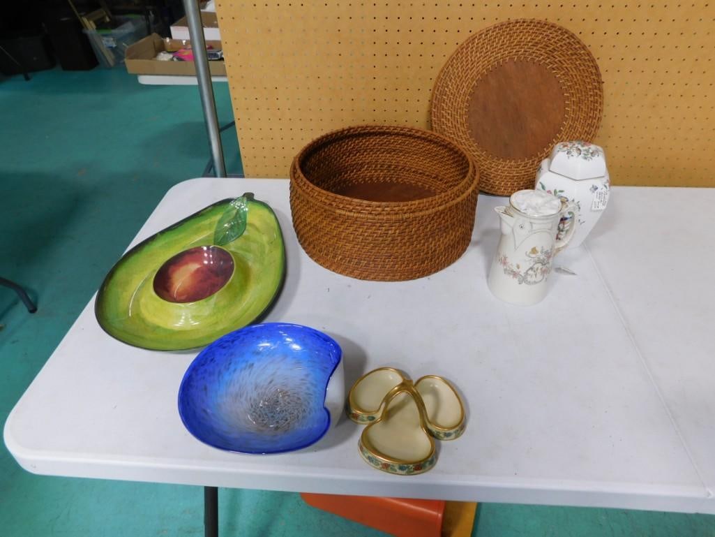 Misc incl Avocado Bowl, Art Glass Bowl, Wicker and Wood Covered Basket, German Porcelain (1 of 7)