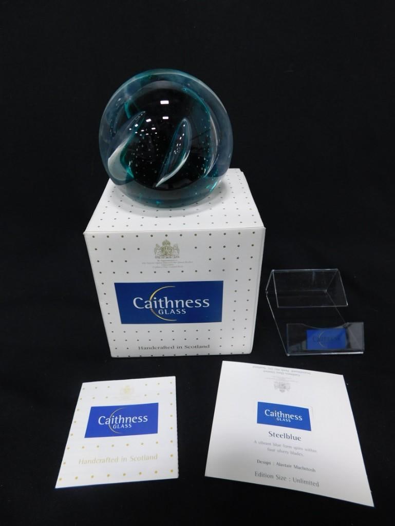 Vtg 199a Caithness Steel Blue Glass Signed Paperweight NIB Scotland (1 of 7)