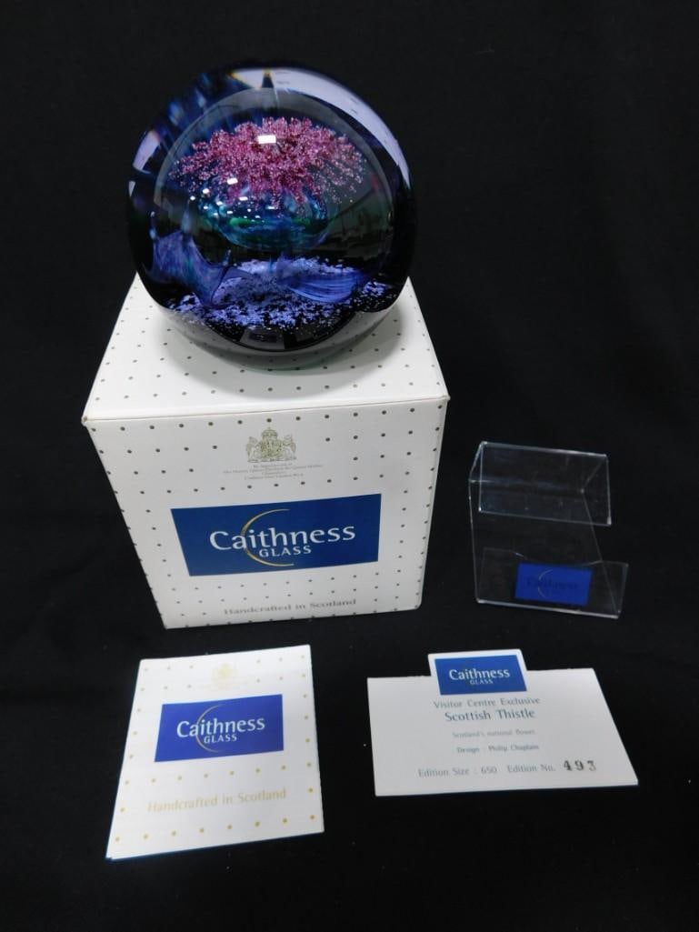 Vtg Caithness Scottish Thistle LE Signed Glass Paperweight w/ Box (1 of 9)