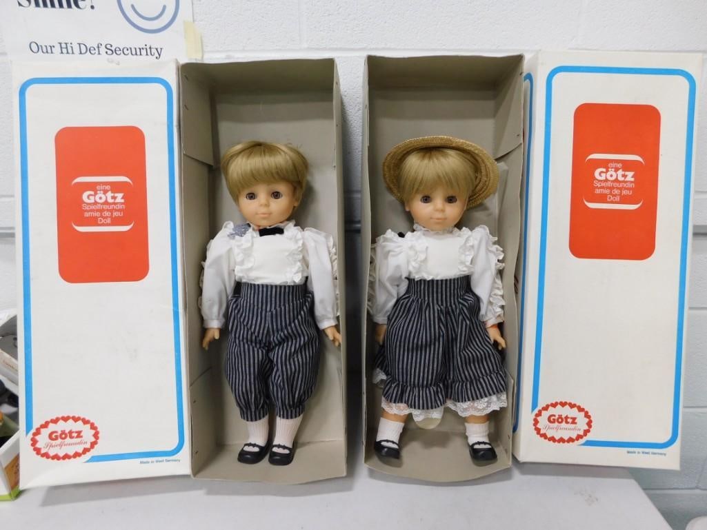 2 Vtg Gotz Dolls w/ Boxes West Germany Lot: Vintage boy and girl Gotz German made dolls. Approximately 18" tall, vinyl & cloth, wearing original outfits, in original boxes. Made in West Germany. Condition: girl doll dress and boy hand h