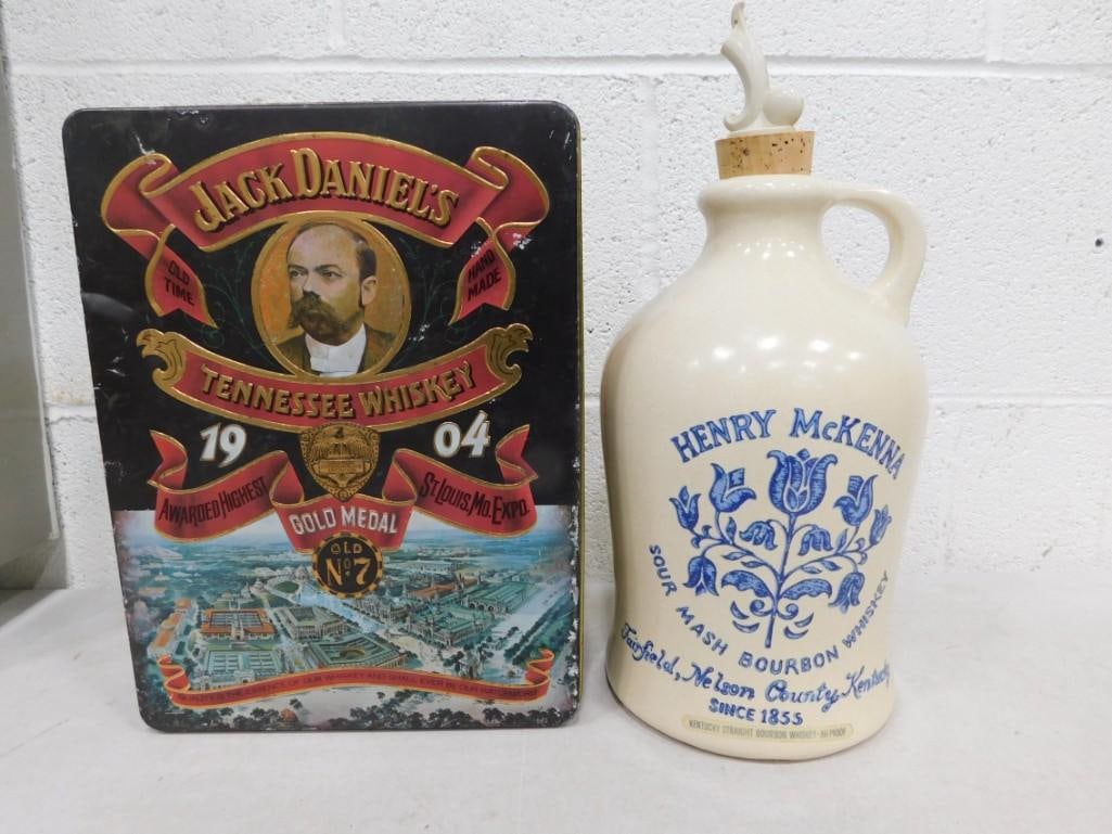 Henry McKenna Stoneware Jug with Stopper and Jack Daniels Tin Both EMPTY (1 of 6)