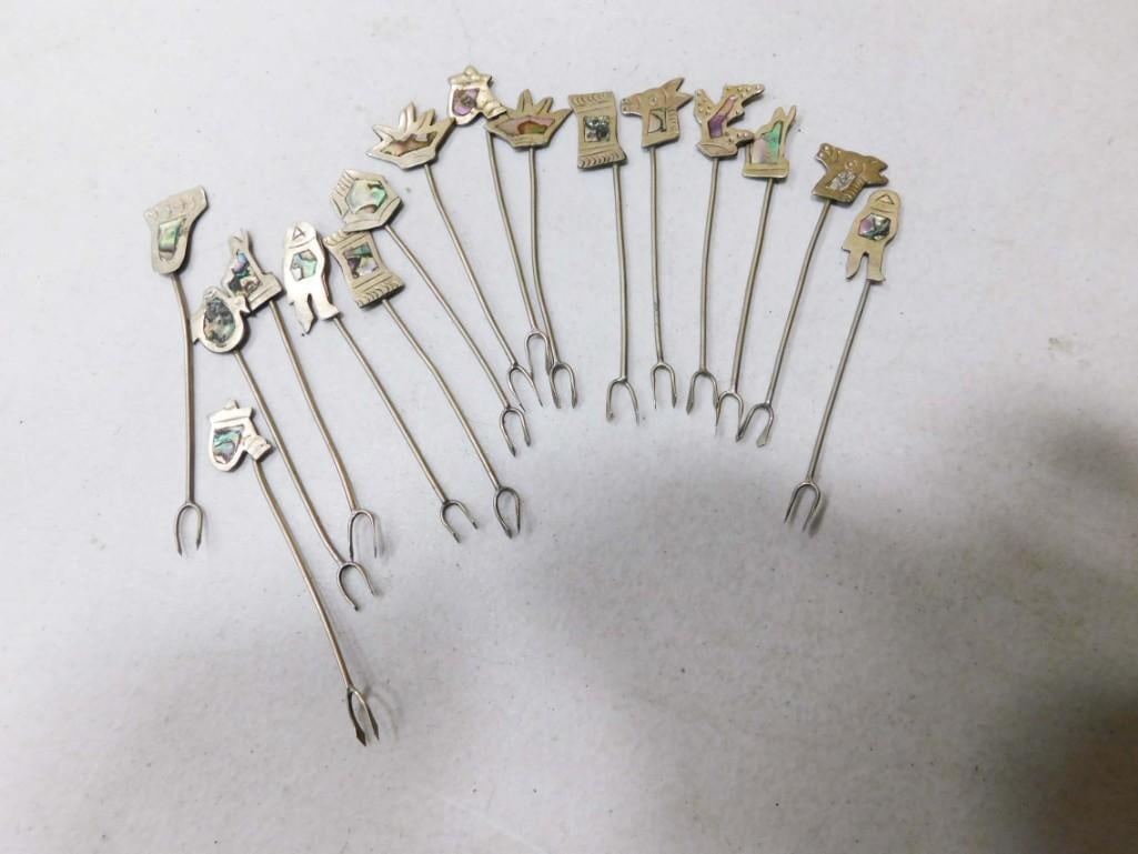 Set of 16 Mexican Alpaca Silver And Abalone Cocktail Picks: Set of 16 Mexican Alpaca Silver And Abalone Cocktail Picks