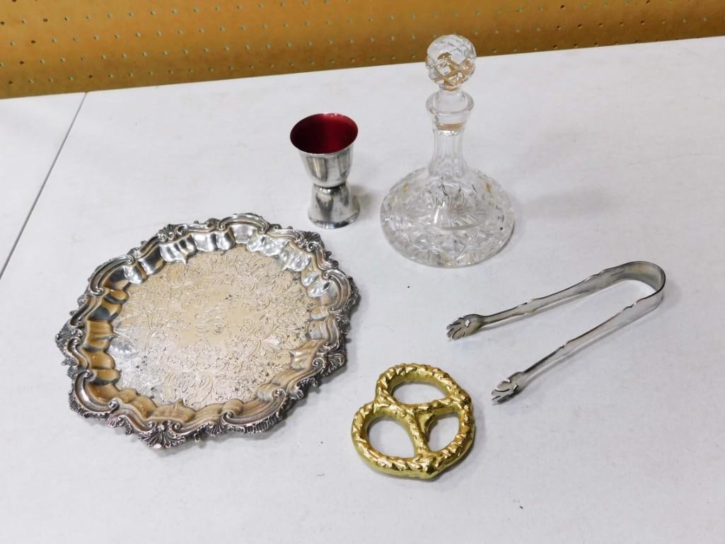 Group of Bar Accessories: incl Miniature Crystal ship's Decanter, Silverplate Round Tray, (1 of 11)