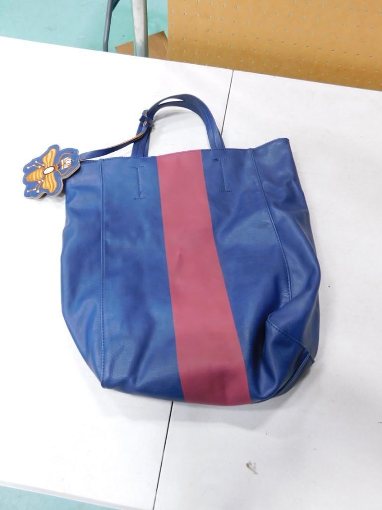 Saks Fifth Avenue Tote Bag Navy Blue and Maroon Stripe: Saks Fifth Avenue Tote Bag. Navy Blue and Maroon Stripe bag with embroidered crowned bee tag