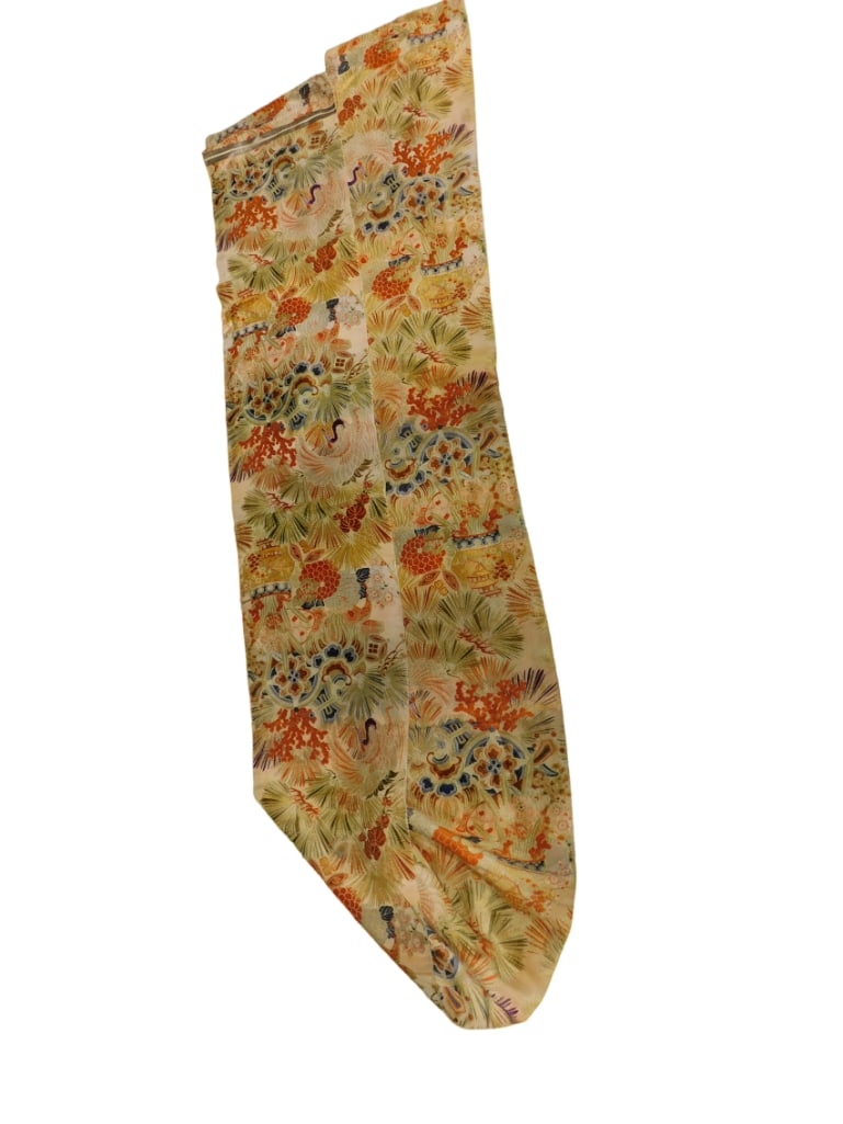 A Japanese Silk Obi, Orange, Blue, and Gold Silk Depicting Chrysanthemum Blossoms,: A Japanese Silk Obi, Orange, Blue, and Gold Silk Depicting Chrysanthemum Blossoms, Birds, and Temples