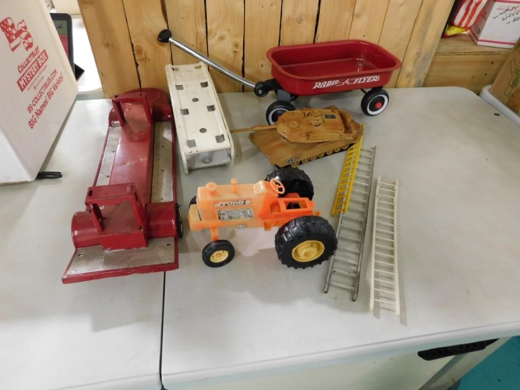 Toy Lot including Mini Radio Flyer Wagon, Tractor, Tank, Pressed Steel Fire Truck: Toy Lot including Mini Radio Flyer Wagon, Tractor, Tank, Pressed Steel Fire Truck