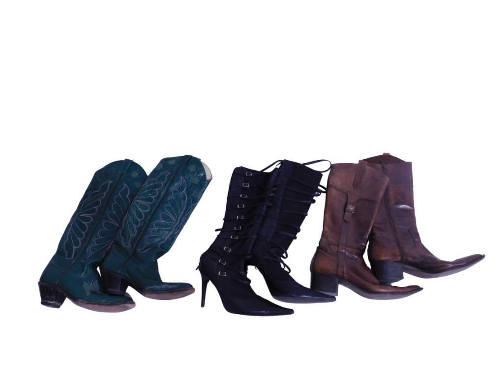 3 Pairs of Boots including Teal Leather Cowboy, High Heel, etc (1 of 13)