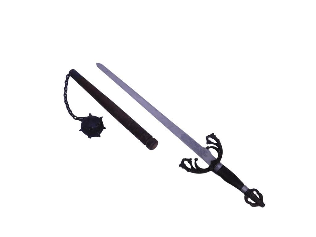Decorative Mace and Sword Lot: Decorative Mace and Sword Lot Spikey mace ball is made of heavy metal.