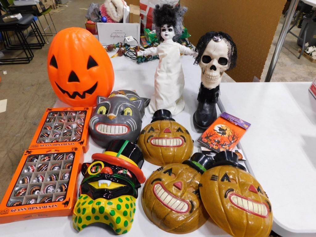 Shiny Brite Ornaments, Halloween Blow Mold Jack O Lantern, Cat Masks, Pumpkin Masks, (1 of 6)
