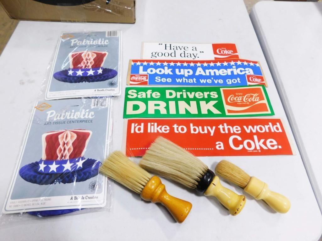 Vintage Coca Cola Bumper Stickers, Shaving Brushes, Patriotic Fold Out Decorations: Vintage Coca Cola Bumper Stickers, Shaving Brushes, Patriotic Fold Out Decorations