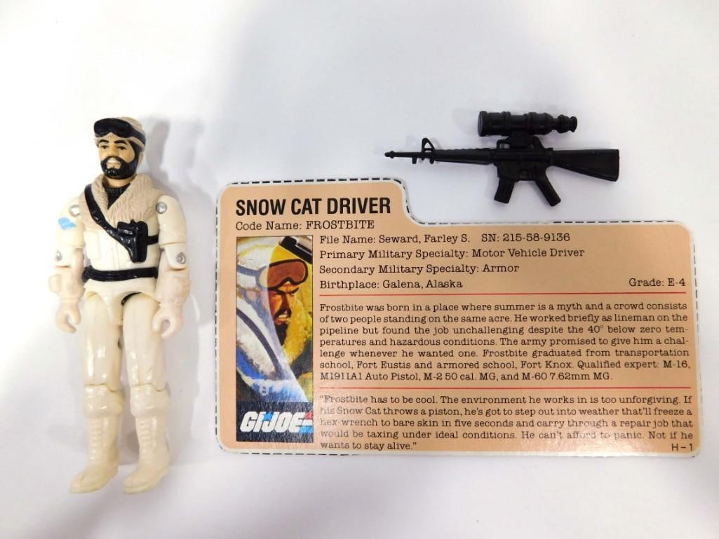 Vtg 1985 GI Joe Frostbite 3.75" Figure Complete with Redback File Card Hasbro: V1 (Version 1) Snow Cat Driver Frostbite joints are tight, figure clean, vgc. Complete with rifle and redback file card. Mailaway through Hasbro Direct. Redbacks are file cards that are red on the bac